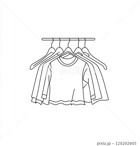 A minimalist one-line drawing shows cloths hanging on hangers from a rod against a white background. 128202605