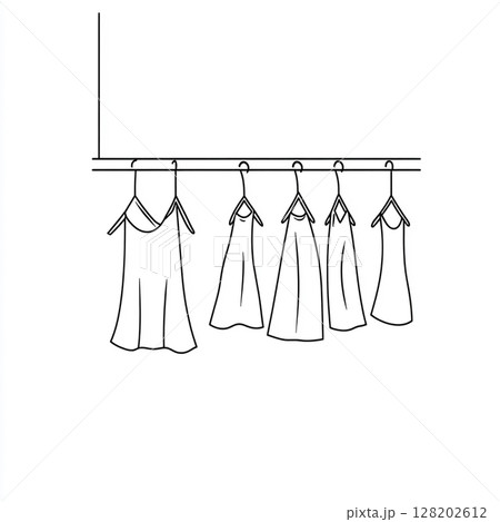 A minimalist one-line drawing shows cloths hanging on hangers from a rod against a white background. 128202612
