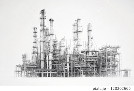A massive industrial oil or petrochemical plant, with complex pipe networks, storage tanks, and tall structures.  128202660