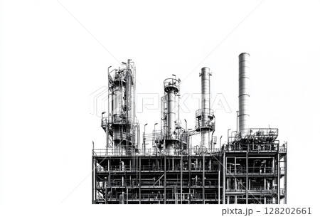 A massive industrial oil or petrochemical plant, with complex pipe networks, storage tanks, and tall structures.  128202661
