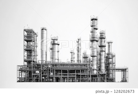 A massive industrial oil or petrochemical plant, with complex pipe networks, storage tanks, and tall structures.  128202673