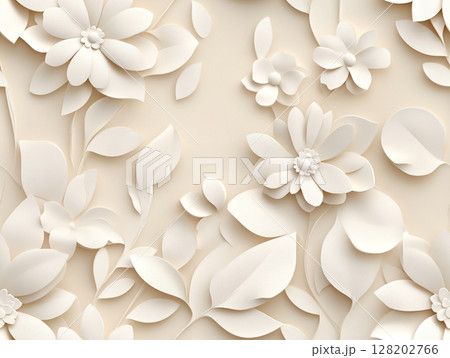 A beautiful 3D relief of white daisies and leaves creates a soft, textural, and elegant floral pattern on a cream background. 128202766