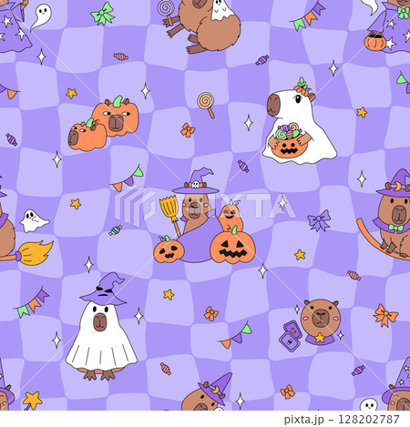 Happy Halloween seamkess pattern with funny capybara animals Happy Halloween seamkess pattern with funny capybara animals 128202787