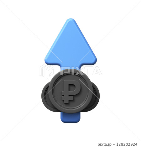Rising value of the ruble, 3D coin symbol with an arrow pointing up Rising value of the ruble, 3D coin symbol with an arrow pointing up 128202924
