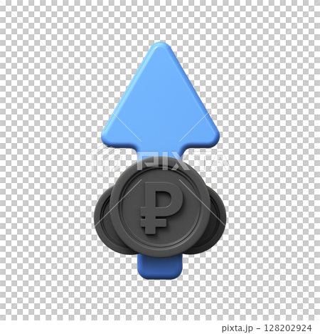 Rising value of the ruble, 3D coin symbol with an arrow pointing up Rising value of the ruble, 3D coin symbol with an arrow pointing up 128202924