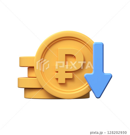 3D golden ruble coin icon with down arrow 3D golden ruble coin icon with down arrow 128202930