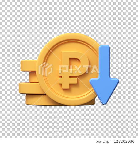 3D golden ruble coin icon with down arrow 3D golden ruble coin icon with down arrow 128202930
