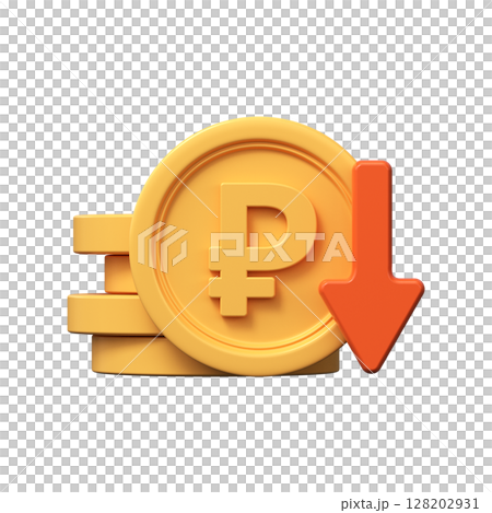 3d ruble coin with red arrow down, symbol of fall of Russian currency 3d ruble coin with red arrow down, symbol of fall of Russian currency 128202931