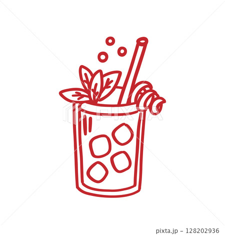 Drink in glass goblet with straw and slice of lemon or lime 128202936