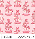 Festive decorative seamless pattern of vintage carousel horse, bow ribbon, hearts 128202943