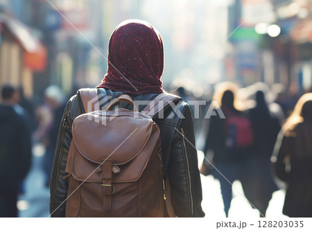 A Muslim girl wearing a hijab and backpack walks away, her back to the viewer, down a sunny, bustling street filled with blurred people and buildings. 128203035