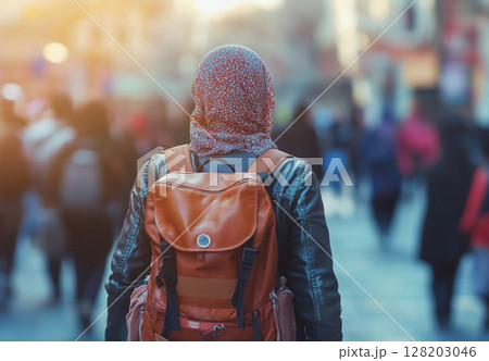 A Muslim girl wearing a hijab and backpack walks away, her back to the viewer, down a sunny, bustling street filled with blurred people and buildings. 128203046