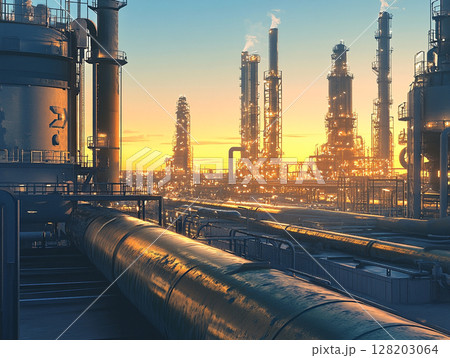 An expansive industrial oil production plant with numerous pipelines, storage tanks, and towering structures operates under a clear sky, showcasing heavy industry. 128203064