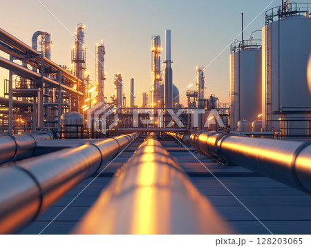 An expansive industrial oil production plant with numerous pipelines, storage tanks, and towering structures operates under a clear sky, showcasing heavy industry. 128203065