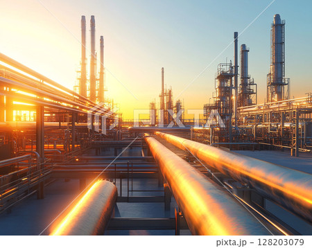 An expansive industrial oil production plant with numerous pipelines, storage tanks, and towering structures operates under a clear sky, showcasing heavy industry. 128203079