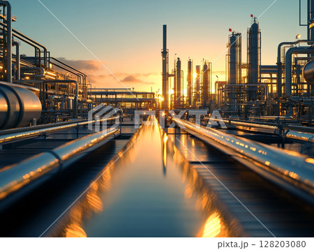 An expansive industrial oil production plant with numerous pipelines, storage tanks, and towering structures operates under a clear sky, showcasing heavy industry. 128203080