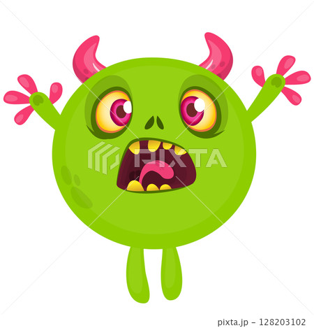 Cartoon cute monster with funny excited face expression waving hands . Vector illustration isolated on white. Halloween design Cartoon cute monster with funny excited face expression waving hands . Vector illustration isolated on white. Halloween design 128203102