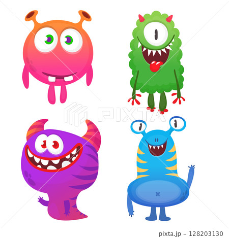 Funny cartoon monsters with different face expressions. Set of cartoon vector happy monsters characters. Halloween design for party decoration, package design Funny cartoon monsters with different face expressions. Set of cartoon vector happy monsters characters. Halloween design for party decoration, package design 128203130