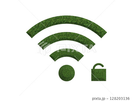 開いた鍵のついた芝生のWi-Fiマークのイラスト wifiのアイコン ピクトグラム 128203136