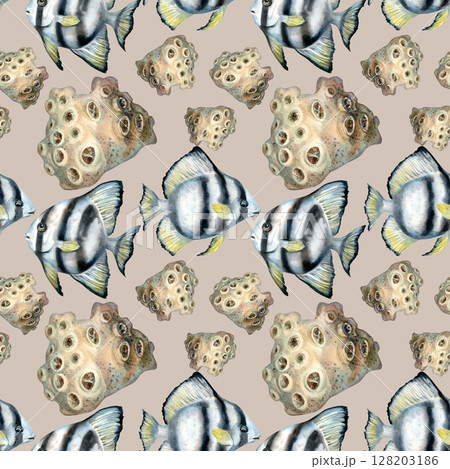 Seamless pattern of tropical striped fish, undersea sponge coral. Watercolor illustration in soft beige tones on beige background for sea design, bed linen, blanket, wallpaper, packaging, towel, craft Seamless pattern of tropical striped fish, undersea sponge coral. Watercolor illustration in soft beige tones on beige background for sea design, bed linen, blanket, wallpaper, packaging, towel, craft 128203186