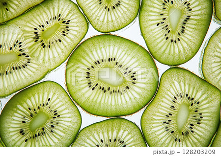 A close-up view of numerous vibrant green kiwi slices, showcasing their intricate patterns of seeds and fibrous texture against a white background. 128203209