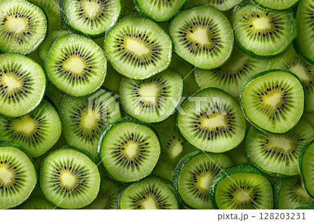 A close-up view of numerous vibrant green kiwi slices, showcasing their intricate patterns of seeds and fibrous texture against a white background. 128203231