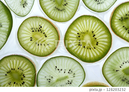 A close-up view of numerous vibrant green kiwi slices, showcasing their intricate patterns of seeds and fibrous texture against a white background. 128203232