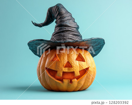 A classic carved Halloween pumpkin, glowing with a friendly jack-o'-lantern smile, wearing a pointy black witch's hat against an orange background. 128203392