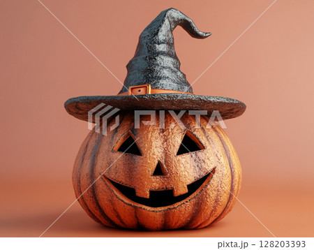 A classic carved Halloween pumpkin, glowing with a friendly jack-o'-lantern smile, wearing a pointy black witch's hat against an orange background. A classic carved Halloween pumpkin, glowing with a friendly jack-o'-lantern smile, wearing a pointy black witch's hat against an orange background. 128203393