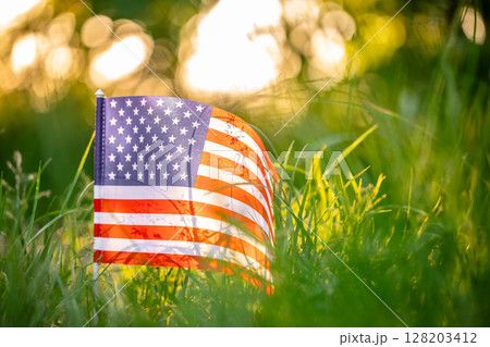 A small American flag rests quietly in the soft golden light of a peaceful summer sunset, Independence Day or traveling in America concept 128203412
