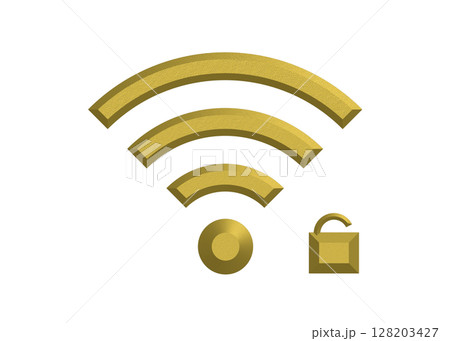 開いた鍵のついた金色のWi-Fiマークのイラスト wifiのアイコン ピクトグラム 128203427