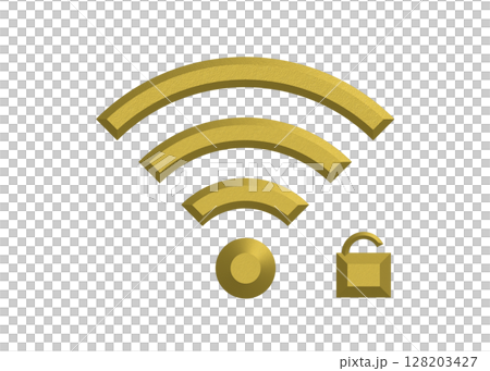 開いた鍵のついた金色のWi-Fiマークのイラスト wifiのアイコン ピクトグラム 128203427