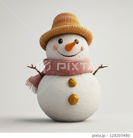 A cute, happy snowman wearing a knitted hat and scarf, with twig arms and a carrot nose, against a light background. 128203480