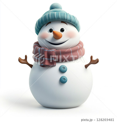 A cute, happy snowman wearing a knitted hat and scarf, with twig arms and a carrot nose, against a light background. 128203481