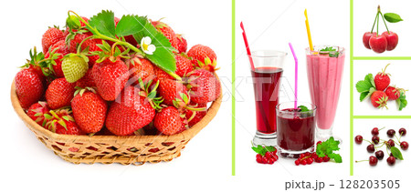 Set of very tasty juice, smoothie, strawberries, currants and cherries isolated on white Set of very tasty juice, smoothie, strawberries, currants and cherries isolated on white 128203505
