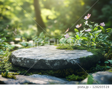 A sun-dappled mossy stone podium in a lush forest, surrounded by small white and pink flowers, evoking a magical, serene atmosphere. 128203519