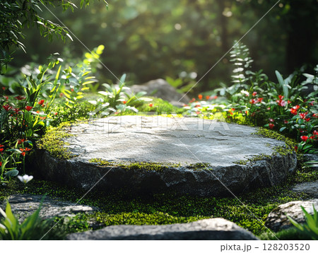 A sun-dappled mossy stone podium in a lush forest, surrounded by small white and pink flowers, evoking a magical, serene atmosphere. 128203520