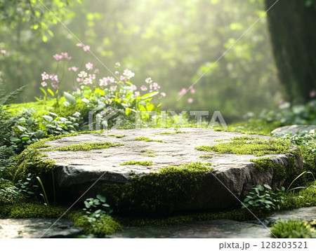A sun-dappled mossy stone podium in a lush forest, surrounded by small white and pink flowers, evoking a magical, serene atmosphere. 128203521