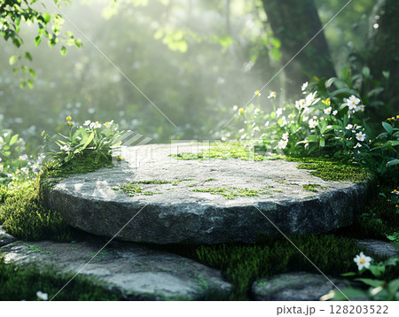 A sun-dappled mossy stone podium in a lush forest, surrounded by small white and pink flowers, evoking a magical, serene atmosphere. 128203522