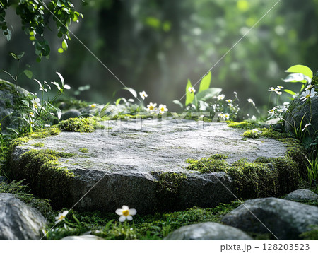 A sun-dappled mossy stone podium in a lush forest, surrounded by small white and pink flowers, evoking a magical, serene atmosphere. 128203523