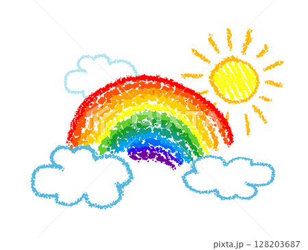 Children's drawing rainbow and sun. hand drawn. Not AI, Vector illustration Children's drawing rainbow and sun. hand drawn. Not AI, Vector illustration 128203687
