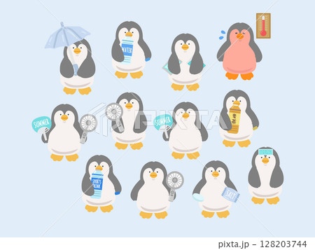 ペンギン 熱中症対策 イラストセット ペンギン 熱中症対策 イラストセット 128203744