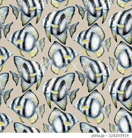 Seamless pattern of tropical batfish with black stripes, yellow fins. Watercolor illustration in soft tones on beige background for sea design, bed linen, blanket, wallpaper, packaging, towel, craft 128203914