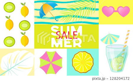 Big summer sale banner. Hello Summer Sale poster. Weekend, cocktails, juices, fruits. Summer time wallpaper. Vector 128204172