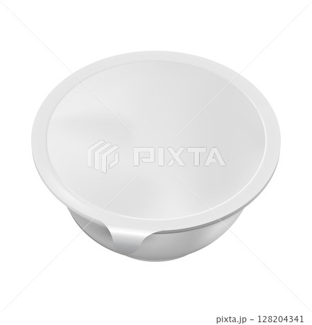 Realistic yogurt, sour cream products package, vector 3D mock up of white round plastic container with foil lid top view Realistic yogurt, sour cream products package, vector 3D mock up of white round plastic container with foil lid top view 128204341
