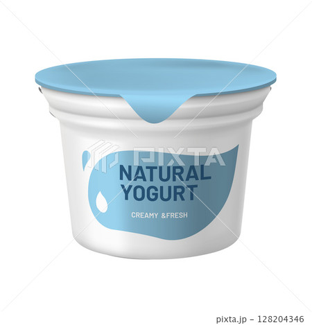 Realistic natural yogurt cup product package vector 3D mockup white round plastic container with blue foil lid and label 128204346