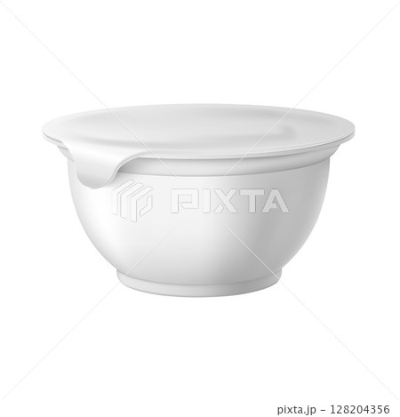 Realistic yogurt, sour cream, jam product package, vector 3D mockup of white round plastic container with close foil lid Realistic yogurt, sour cream, jam product package, vector 3D mockup of white round plastic container with close foil lid 128204356