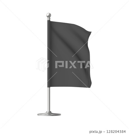Waving, black rectangular flag on a flagpole, vertical. 3d blank template. 128204384