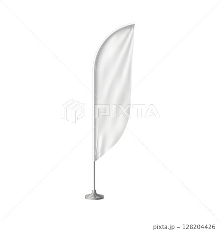 3d feather flag. Empty textile banner mockup, white on a stand, with folds. 128204426