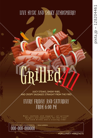 Grilled all party invitation 3D cartoon vector advertising promotion poster design, realistic BBQ barbecue roast meat Grilled all party invitation 3D cartoon vector advertising promotion poster design, realistic BBQ barbecue roast meat 128204461